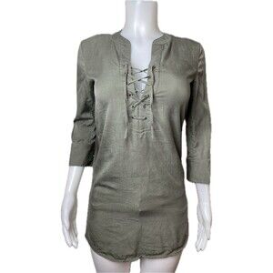 F. Theory  Tunic Size 00 Green Blouse 3/4 Sleeve Top V Neck